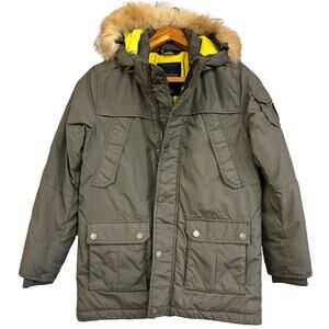 Pajar Kids Down Puffer Coat 14 16 XL Womens XS Olive Green Fur Hood Puffy